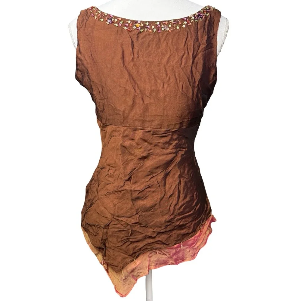 Y2K Fairy Grunge Beaded Handkerchief Hem Silk Tank Top Boho Brown Small - Picture 3 of 9